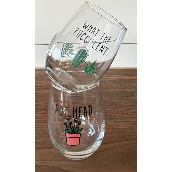 2 Funny Stemless Wine Glasses: Plant Lover Gift Set-What the Fucculent/Pot Head - Picture 5 of 8